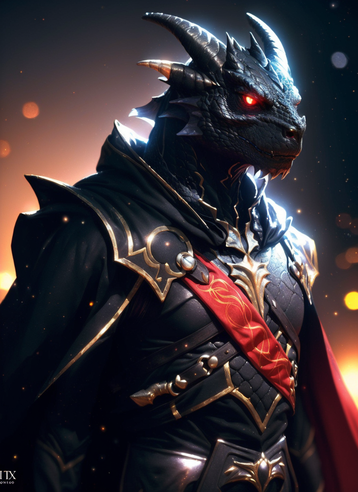 26072291-4161553119-black dragonborn, solo, red eyes, male, upper body, male focus, horns, cape, armor, glowing, glowing eyes_, volumetrics dtx, (fi.png